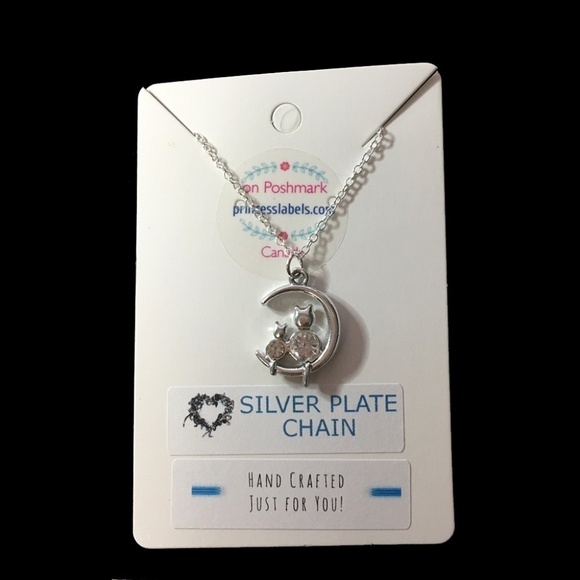 MOMMA Mommy Cat & Baby Kitten on Crescent Moon Necklace Silver Plate Chain - Picture 3 of 6